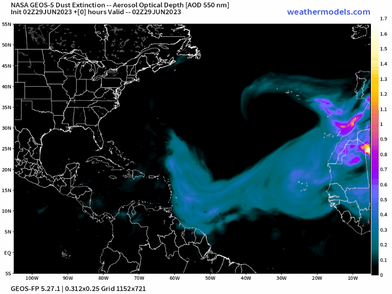 00Z Thursday, June 29th, 2023, NASA GEOS-5 Dust Extinction Model Monitoring Tropical Atlantic Aerosol Optical Depth showing Saharan Dust.