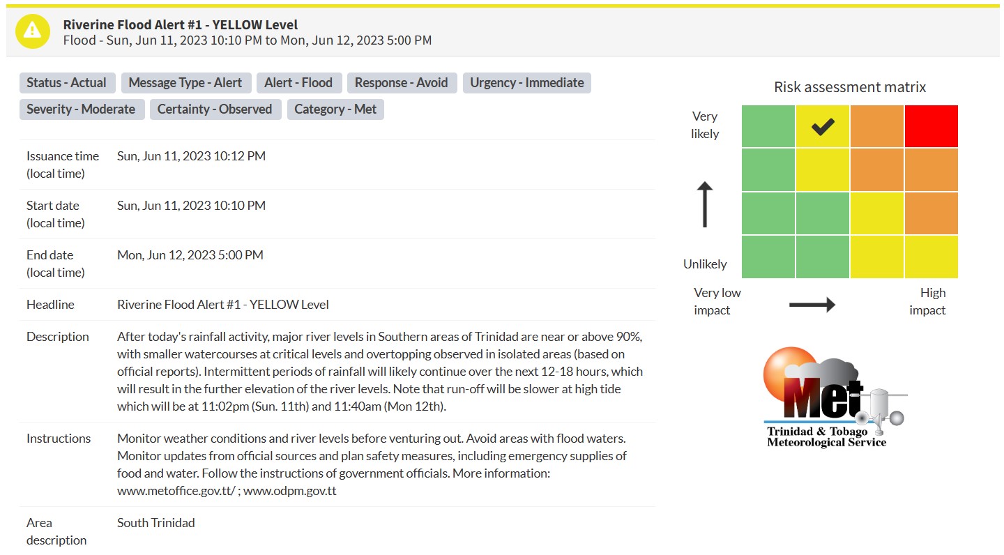 Riverine Flood Alert information from the Trinidad and Tobago Meteorological Service