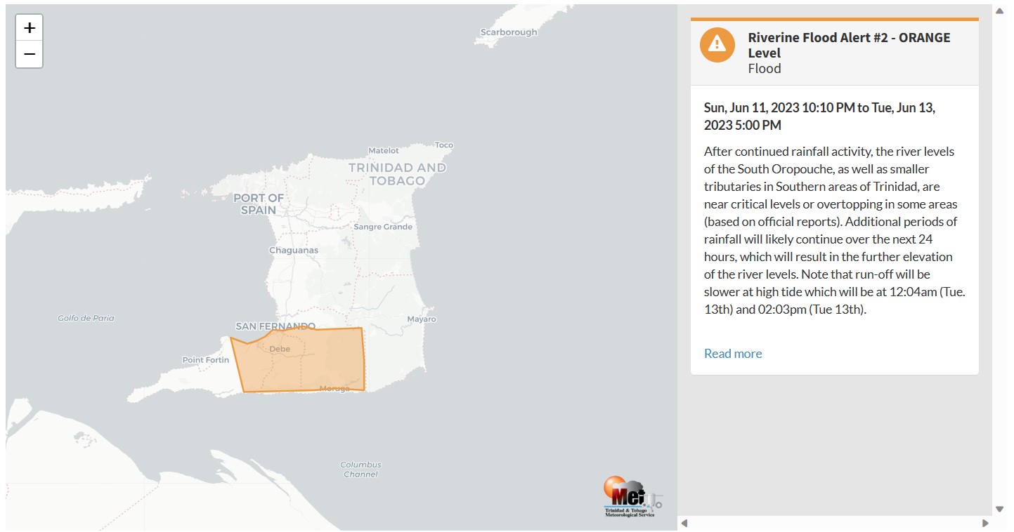 Riverine Flood Alert information from the Trinidad and Tobago Meteorological Service