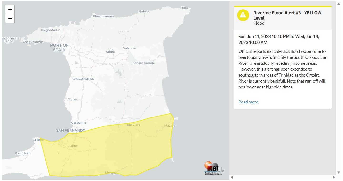 Riverine Flood Alert information from the Trinidad and Tobago Meteorological Service