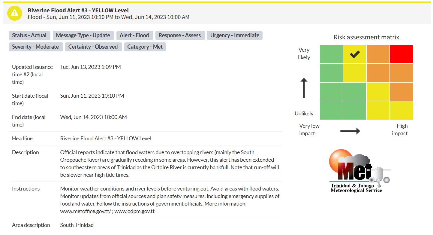 Riverine Flood Alert information from the Trinidad and Tobago Meteorological Service