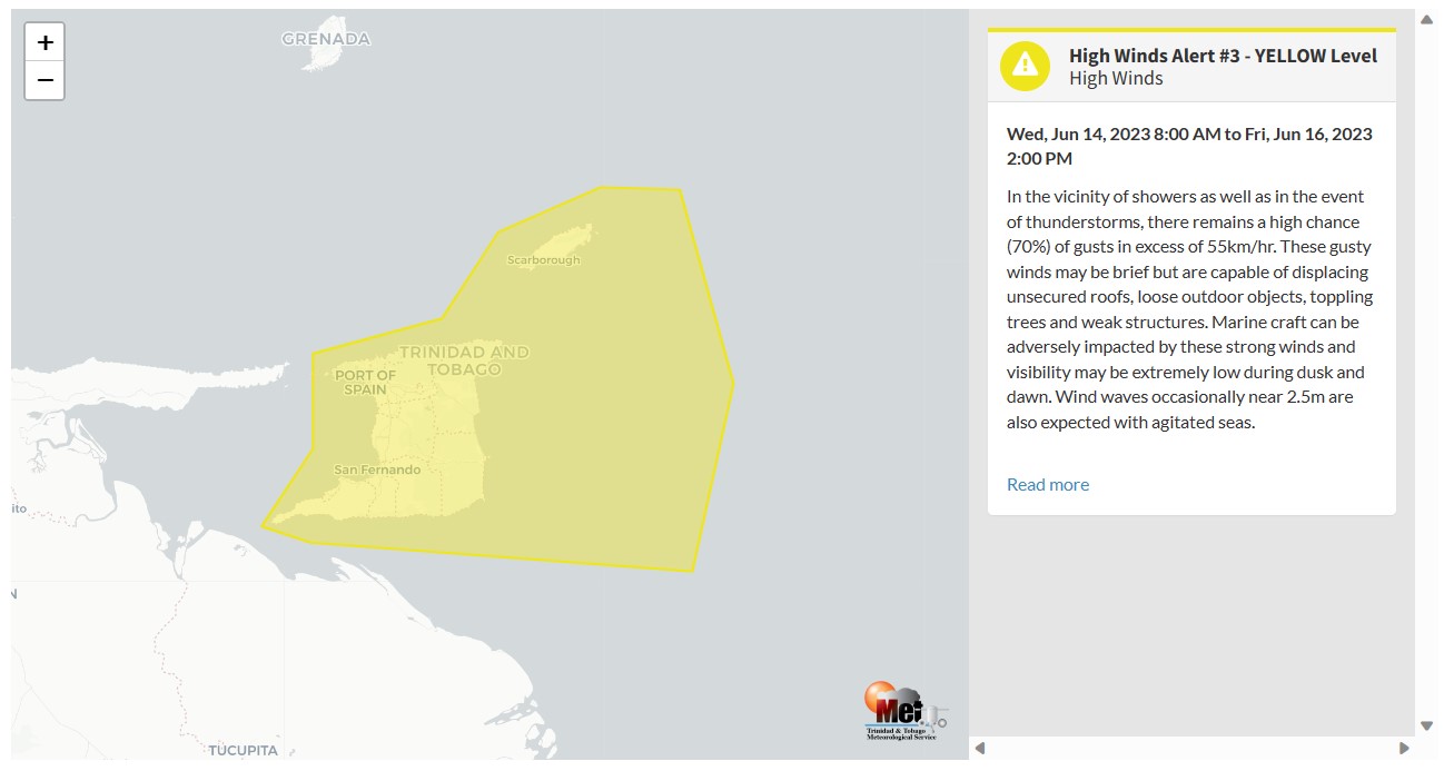 High Wind Alert information from the Trinidad and Tobago Meteorological Service