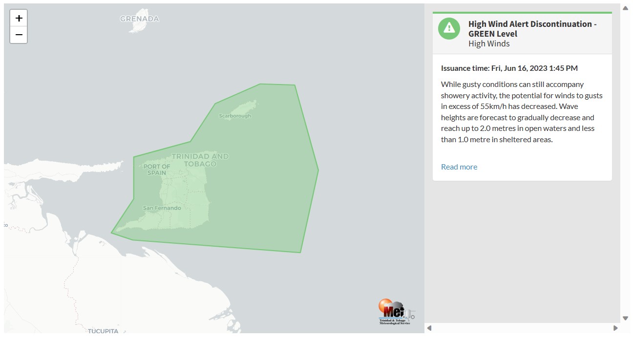 High Wind Alert information from the Trinidad and Tobago Meteorological Service