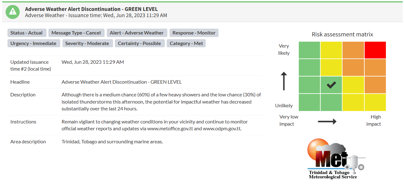 Adverse Weather Alert information from the Trinidad and Tobago Meteorological Service
