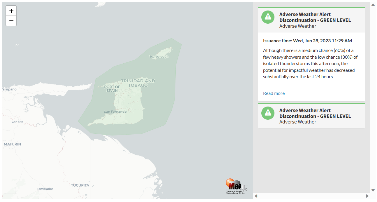 Adverse Weather Alert information from the Trinidad and Tobago Meteorological Service