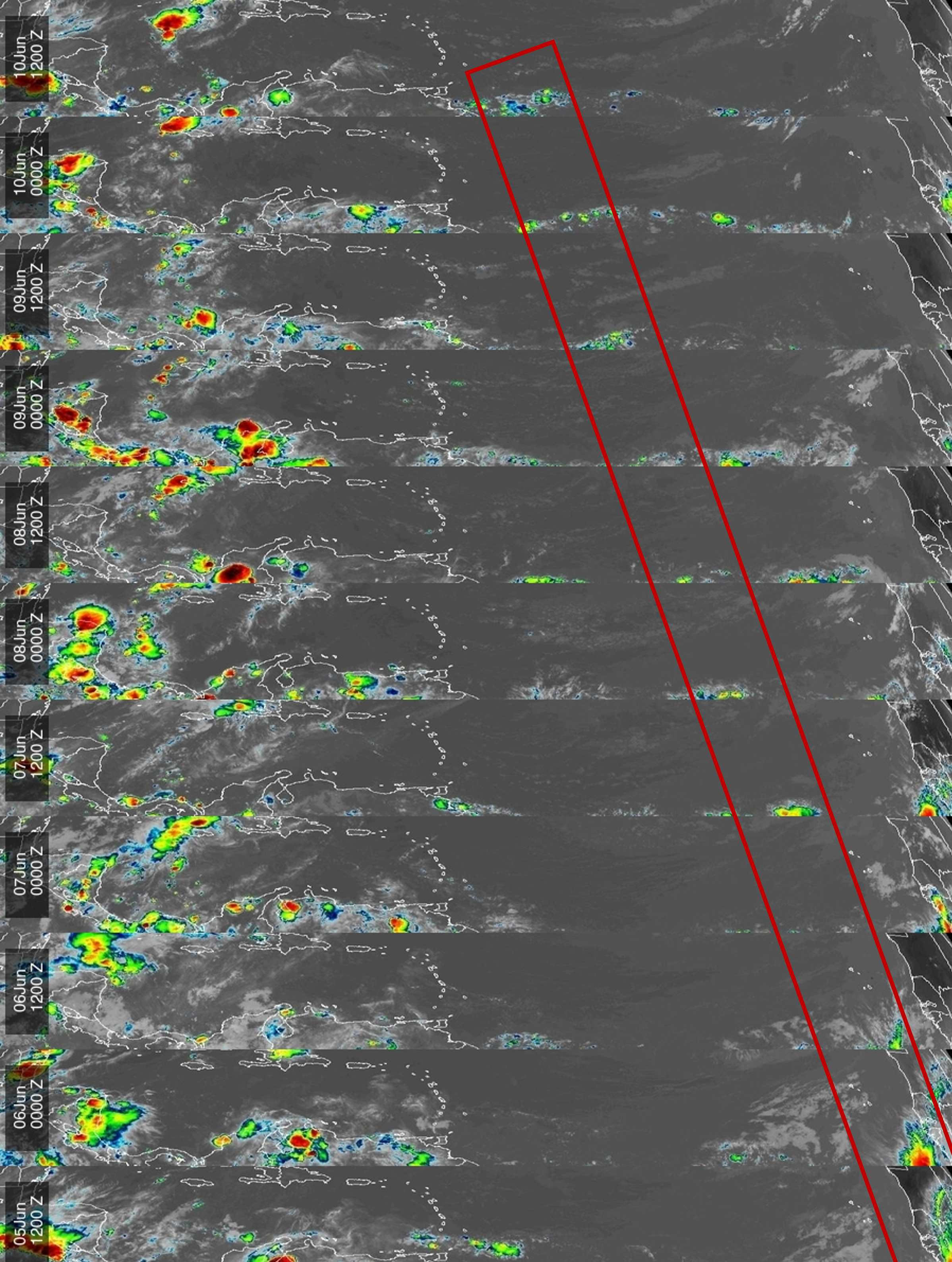 Tropical Infrared Satellite Hovmoller Series - Atlantic Sector - Time series of tropical Atlantic GOES IR imagery, every 12 hours (at ~00Z and ~12Z) from 8-20°N, newest on top. (Brian McNoldy)