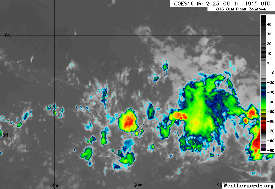 The axis of Tropical Wave 11 along 50W on Saturday, June 10th, 2023, with scattered weak to moderate convection, both ahead and following the wave axis, mainly associated with the ITCZ. (Weathernerds.org)