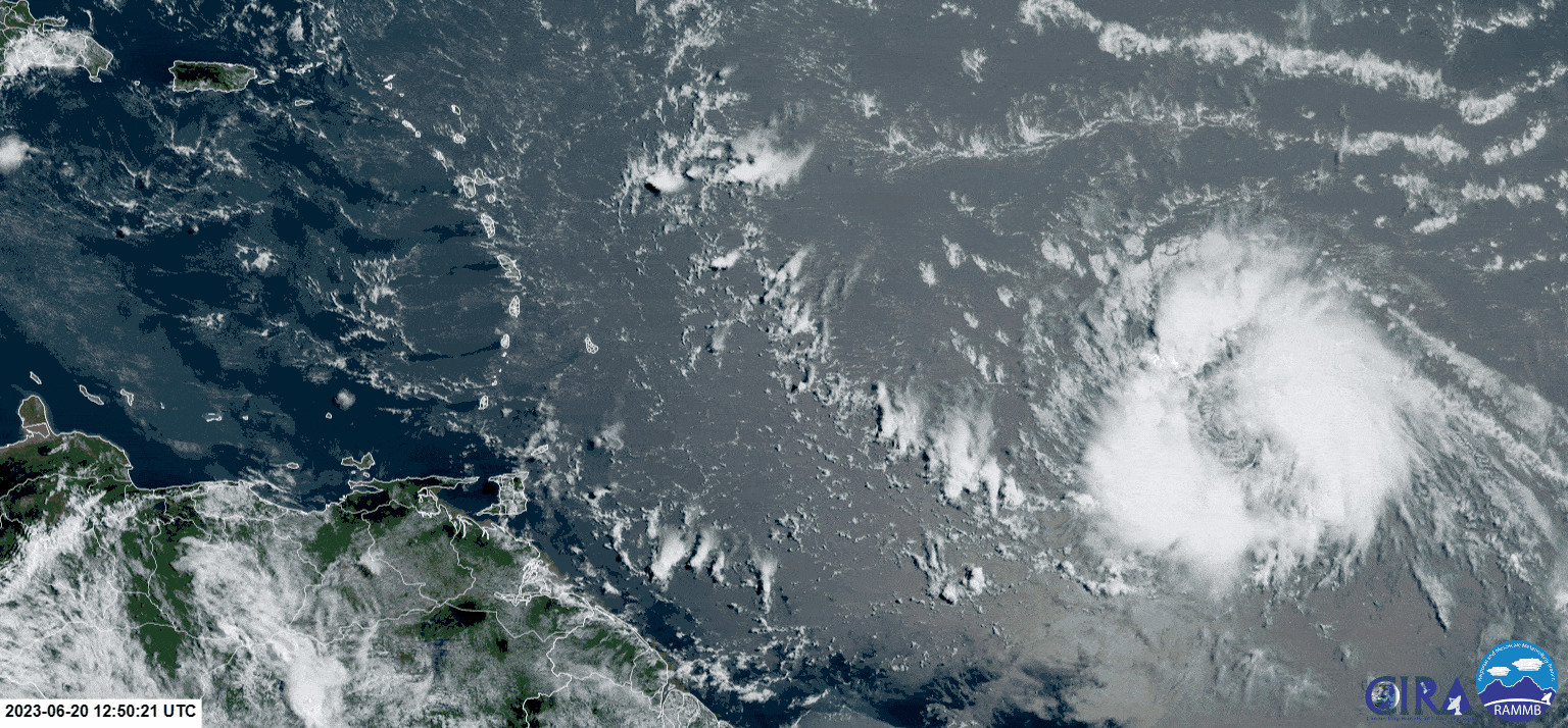 Tropical Storm Bret east of the Lesser Antilles on Tuesday, June 20th, 2023 (Weathernerds.org)
