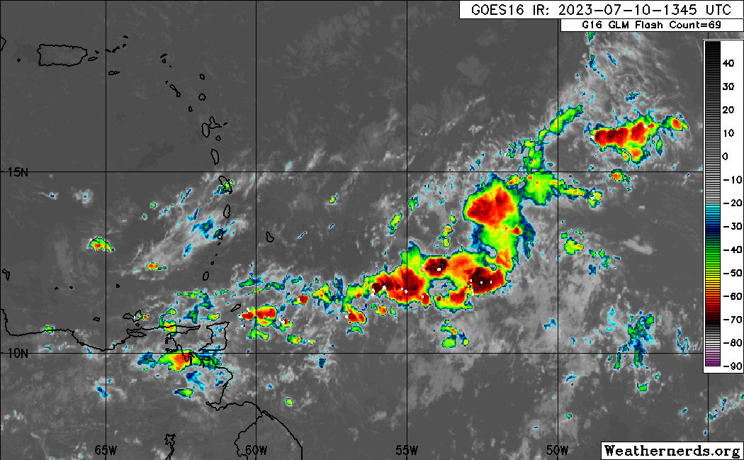 The axis of Tropical Wave 22 tilted from 48W to 55W, between 20N and 6.5N on Monday, July 10th, 2023, with widely scattered moderate to strong convection, mainly associated with the Intertropical Convergence Zone, east of Trinidad and Tobago. (Weathernerds.org)
