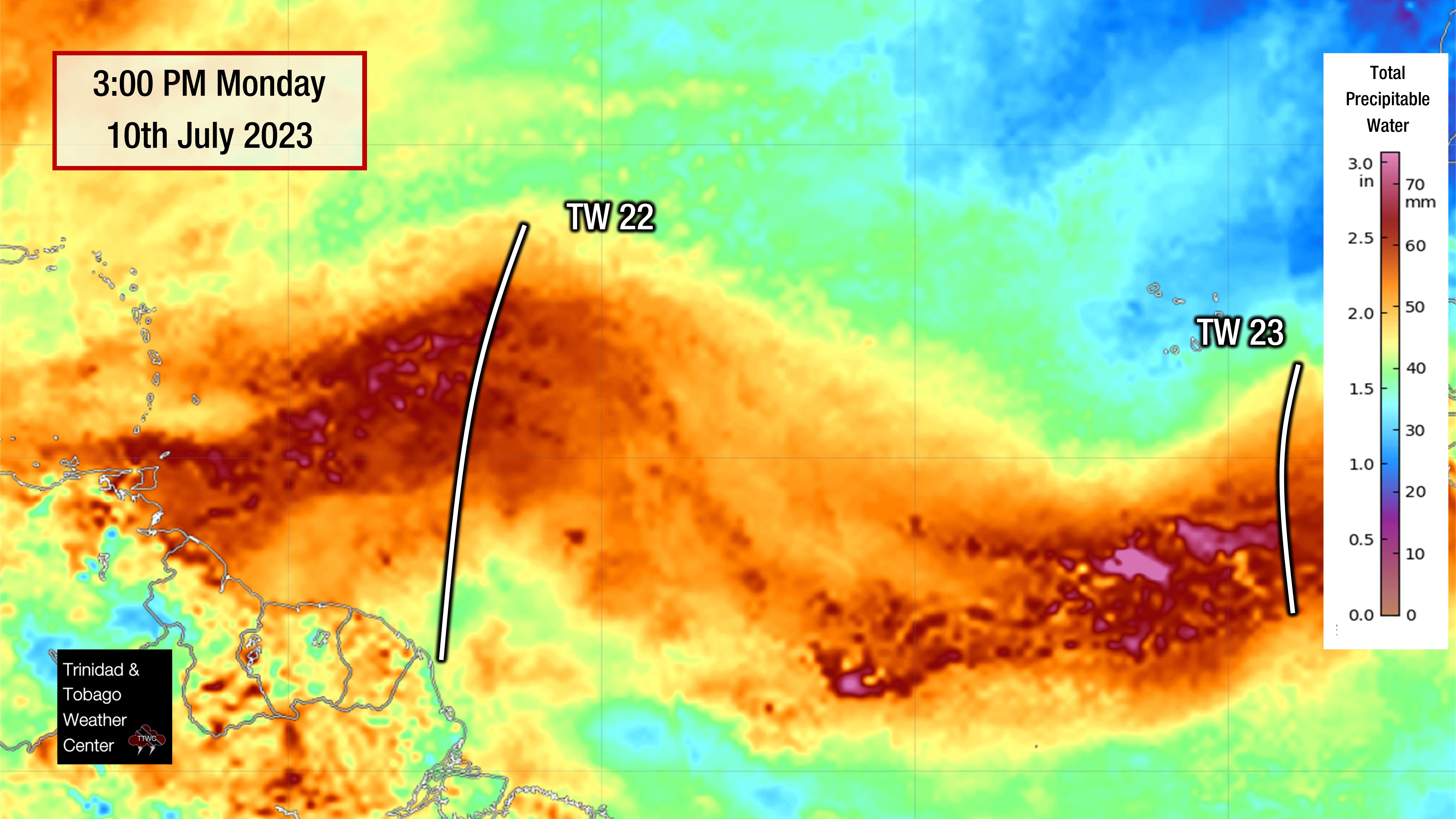 Locations of Tropical Wave 22 and Tropical Wave 23 on Monday, July 10th, 2023, in the Atlantic Ocean and their associated pulses in total precipitable water, a measure of atmospheric moisture. (CIMSS/SSEC/UWM)