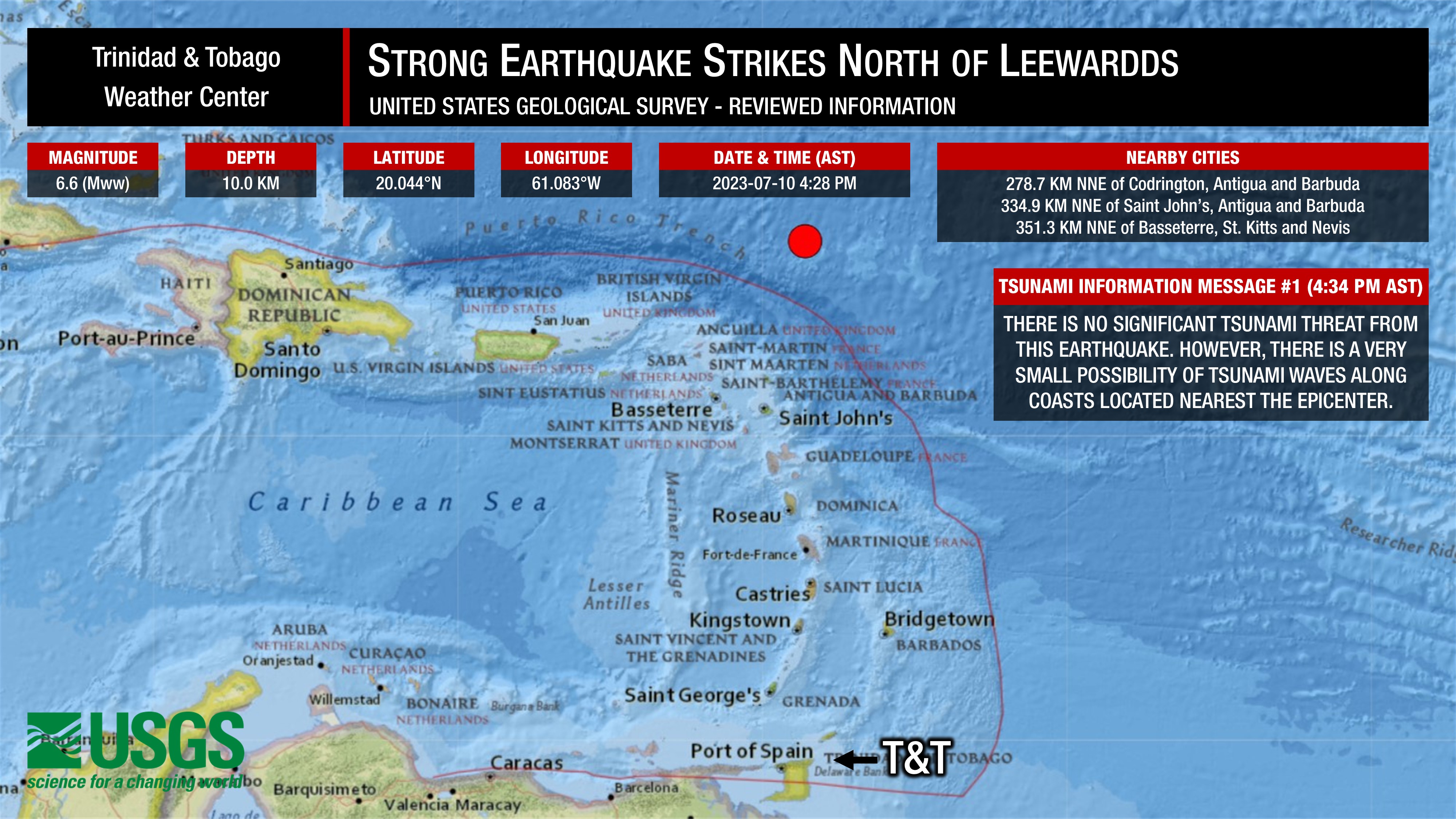 Information from the USGS concerning the strong earthquake north of the Leewards