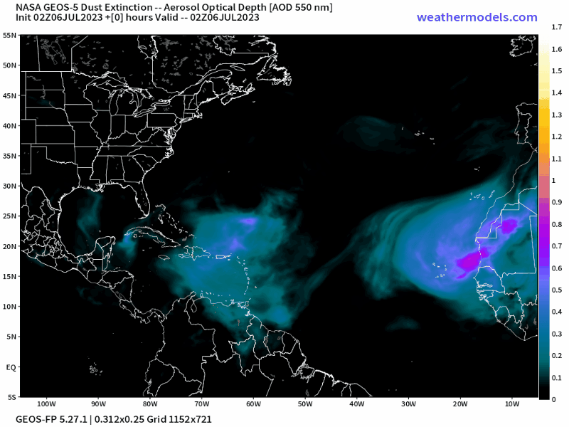 00Z Thursday, July 6th, 2023, NASA GEOS-5 Dust Extinction Model Monitoring Tropical Atlantic Aerosol Optical Depth showing Saharan Dust.