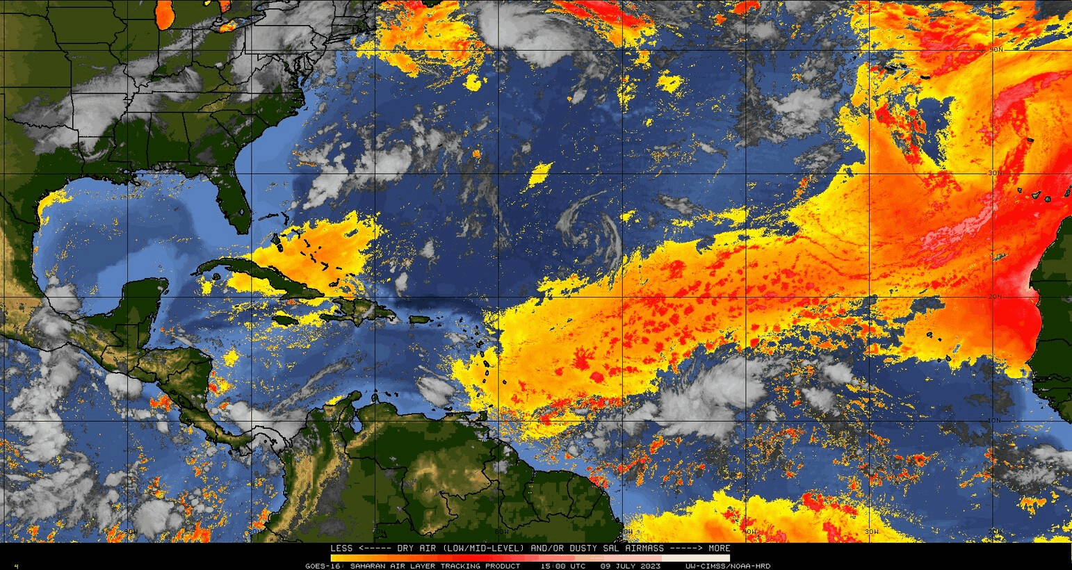 Dry air and Saharan Dust moving across the Lesser Antilles over the last 24 hours, with higher overall dust levels remaining near West Africa. (SSEC/UM-CIMSS/NOAA-HRD)