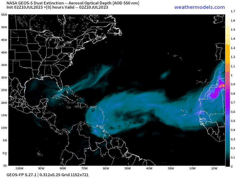00Z Monday 10th, 2023, NASA GEOS-5 Dust Extinction Model Monitoring Tropical Atlantic Aerosol Optical Depth showing Saharan Dust.
