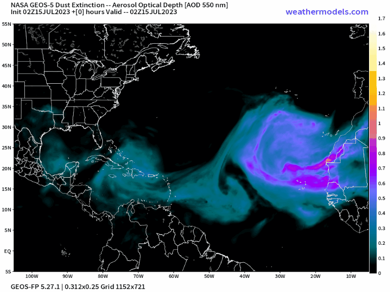 00Z Saturday, July 15th, 2023, NASA GEOS-5 Dust Extinction Model Monitoring Tropical Atlantic Aerosol Optical Depth showing Saharan Dust.