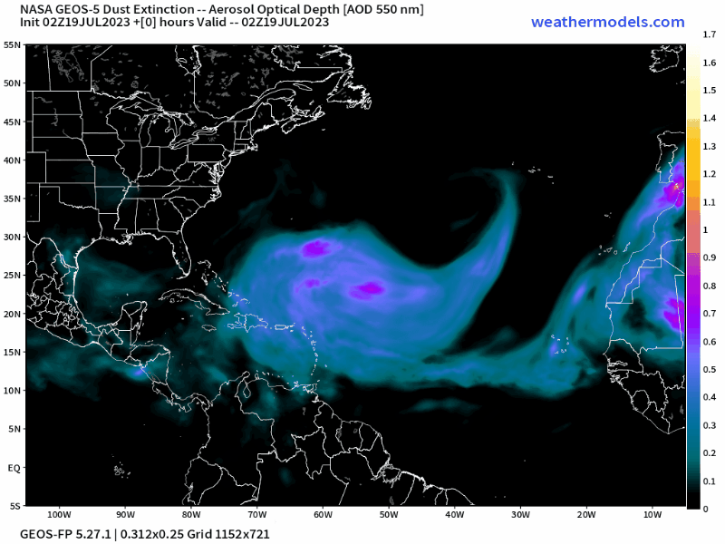 
00Z Wednesday, July 19th, 2023, NASA GEOS-5 Dust Extinction Model Monitoring Tropical Atlantic Aerosol Optical Depth showing Saharan Dust.