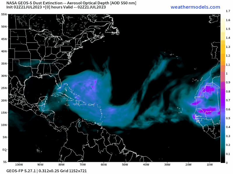 00Z Friday, July 21st, 2023, NASA GEOS-5 Dust Extinction Model Monitoring Tropical Atlantic Aerosol Optical Depth showing Saharan Dust.