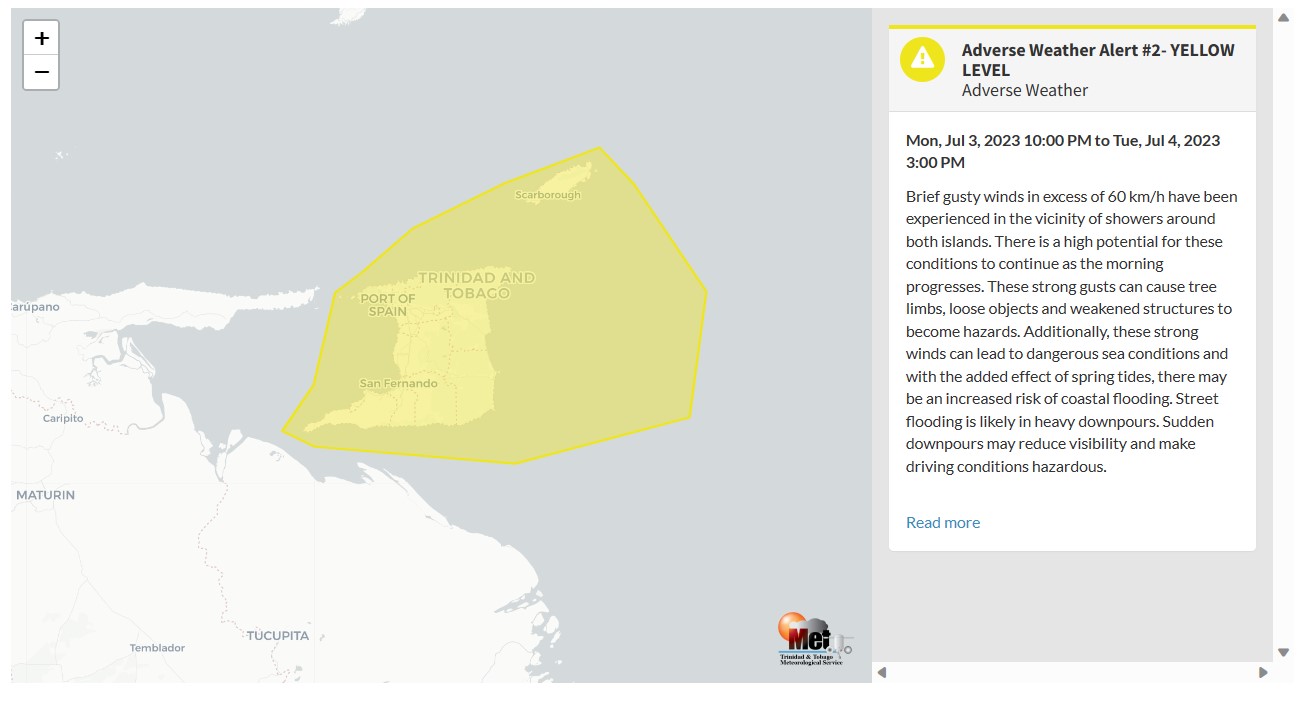 Adverse Weather Alert information from the Trinidad and Tobago Meteorological Service