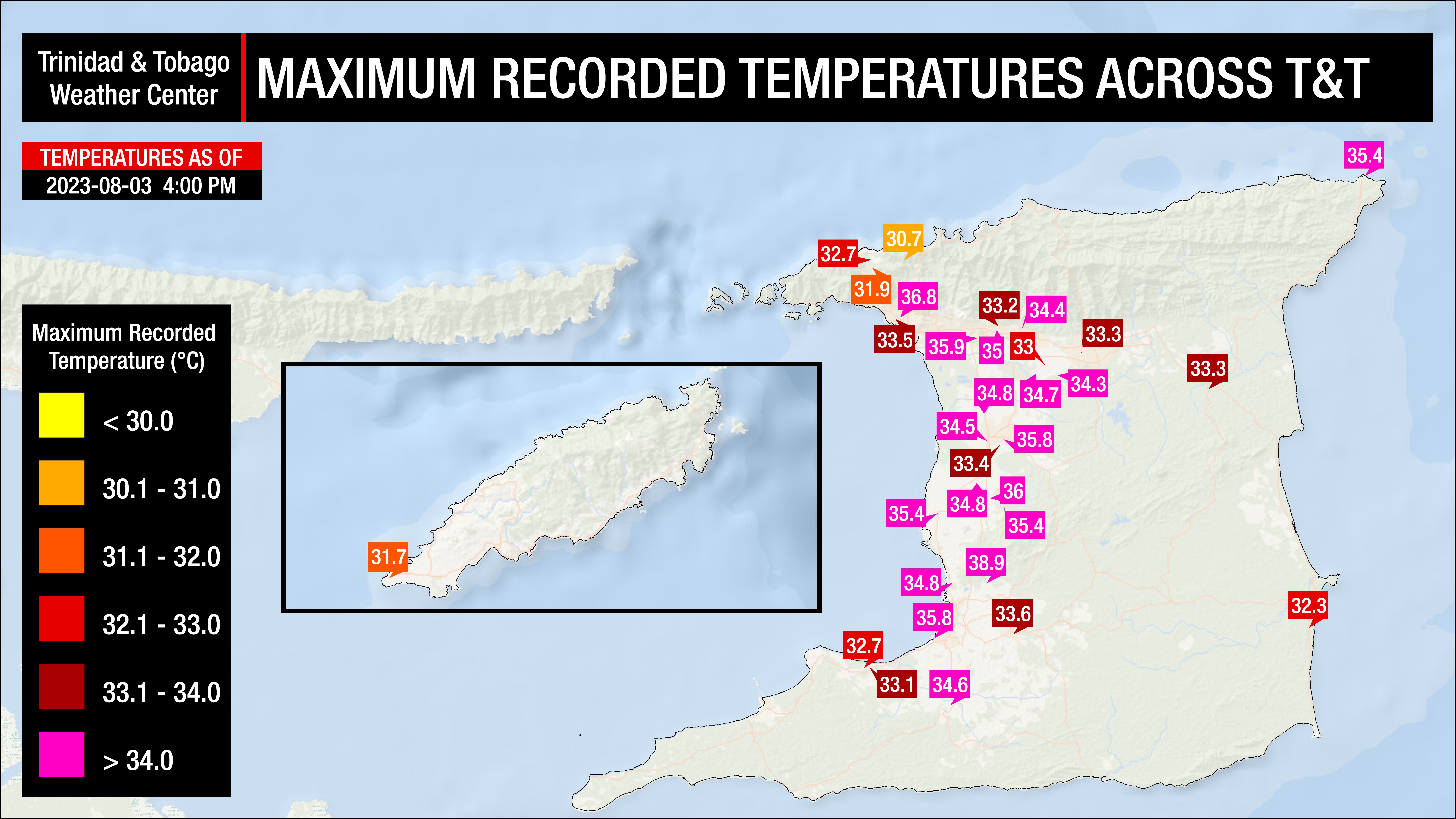 Maximum high temperatures recorded across Trinidad and Tobago as of 5:00 PM Thursday, August 3rd, 2023 (Data: Individual and Personal Weather Stations, as well as Automated Weather Stations from the TTMS)