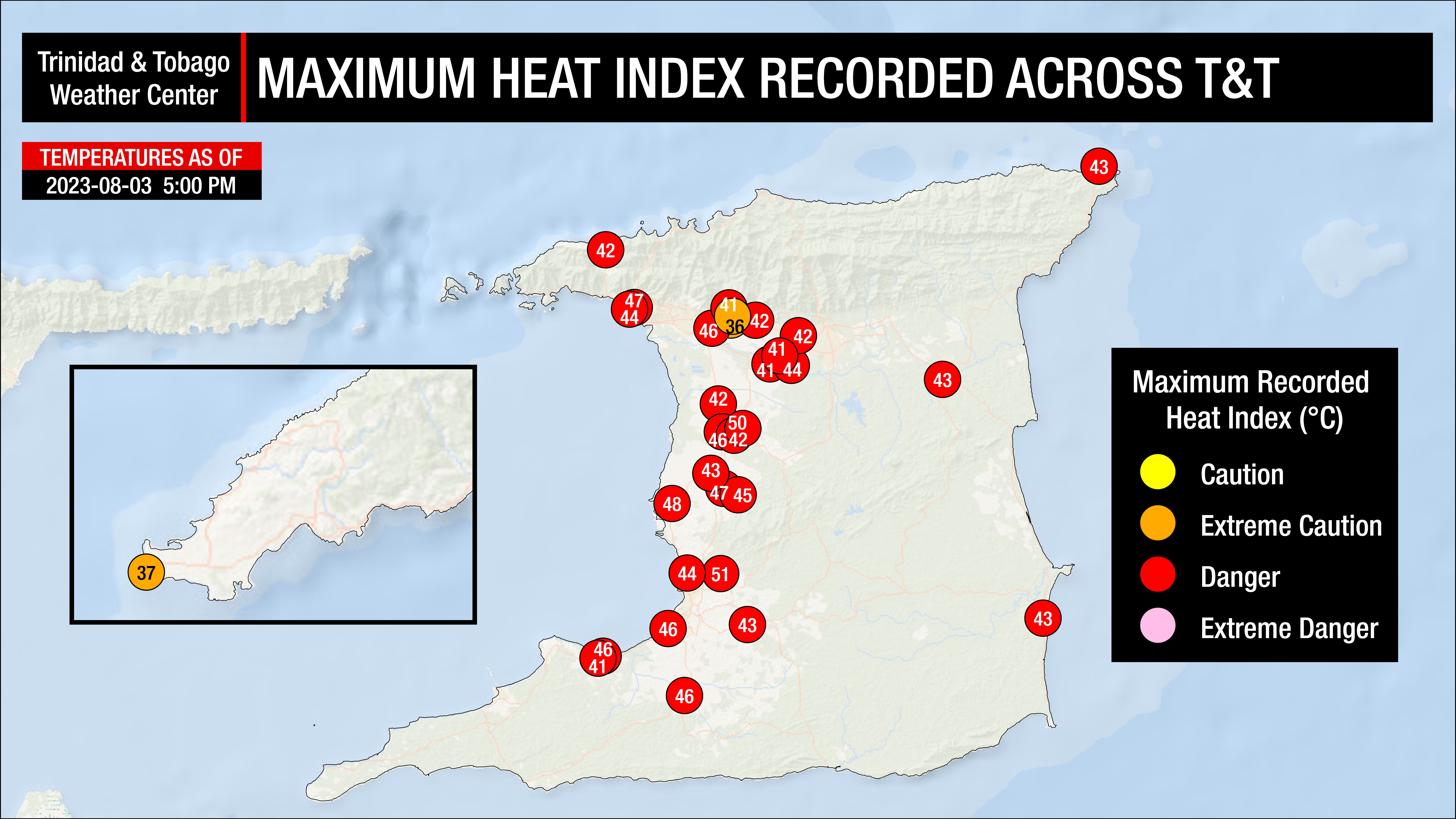 Maximum high heat indices recorded across Trinidad and Tobago as of 5:00 PM Thursday, August 3rd, 2023 (Data: Individual and Personal Weather Stations, as well as Automated Weather Stations from the TTMS)