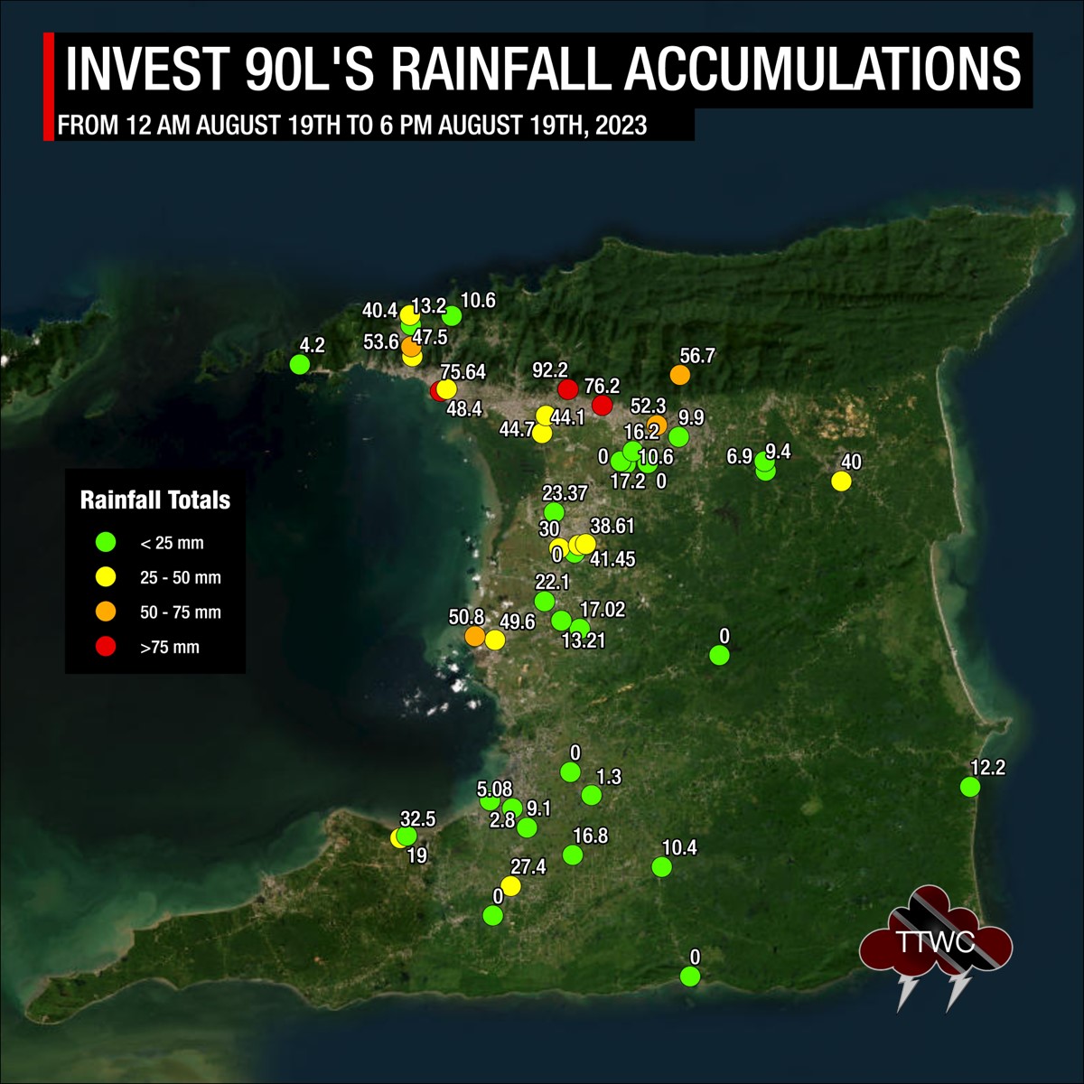 Rainfall accumulations across Trinidad and Tobago on Saturday, August 19th, 2023, based on data from automated weather stations across the country.