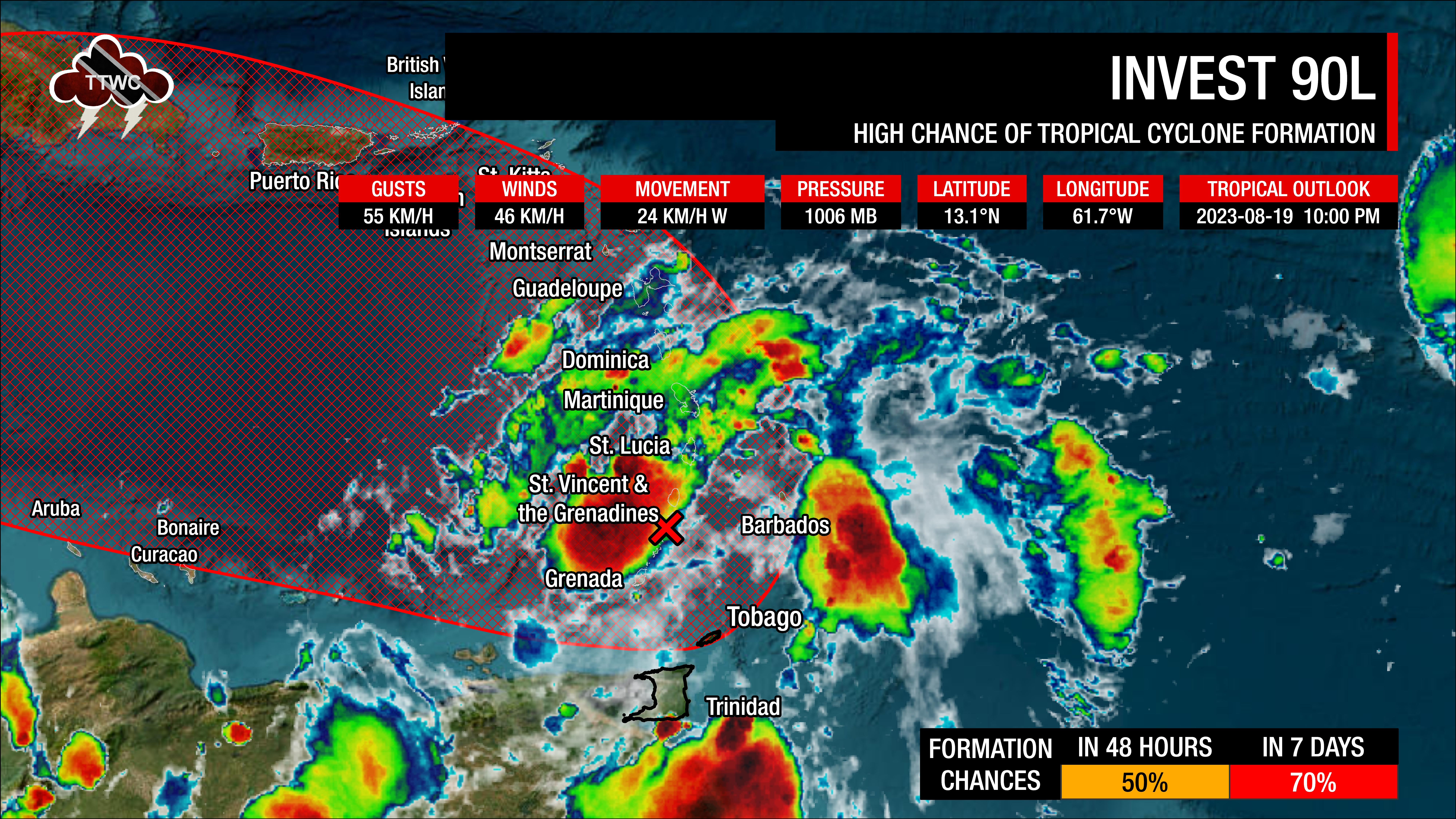 The latest on Invest 90L and the forecast area from the National Hurricane Center for where a low-pressure system could develop over the coming days (National Hurricane Center)