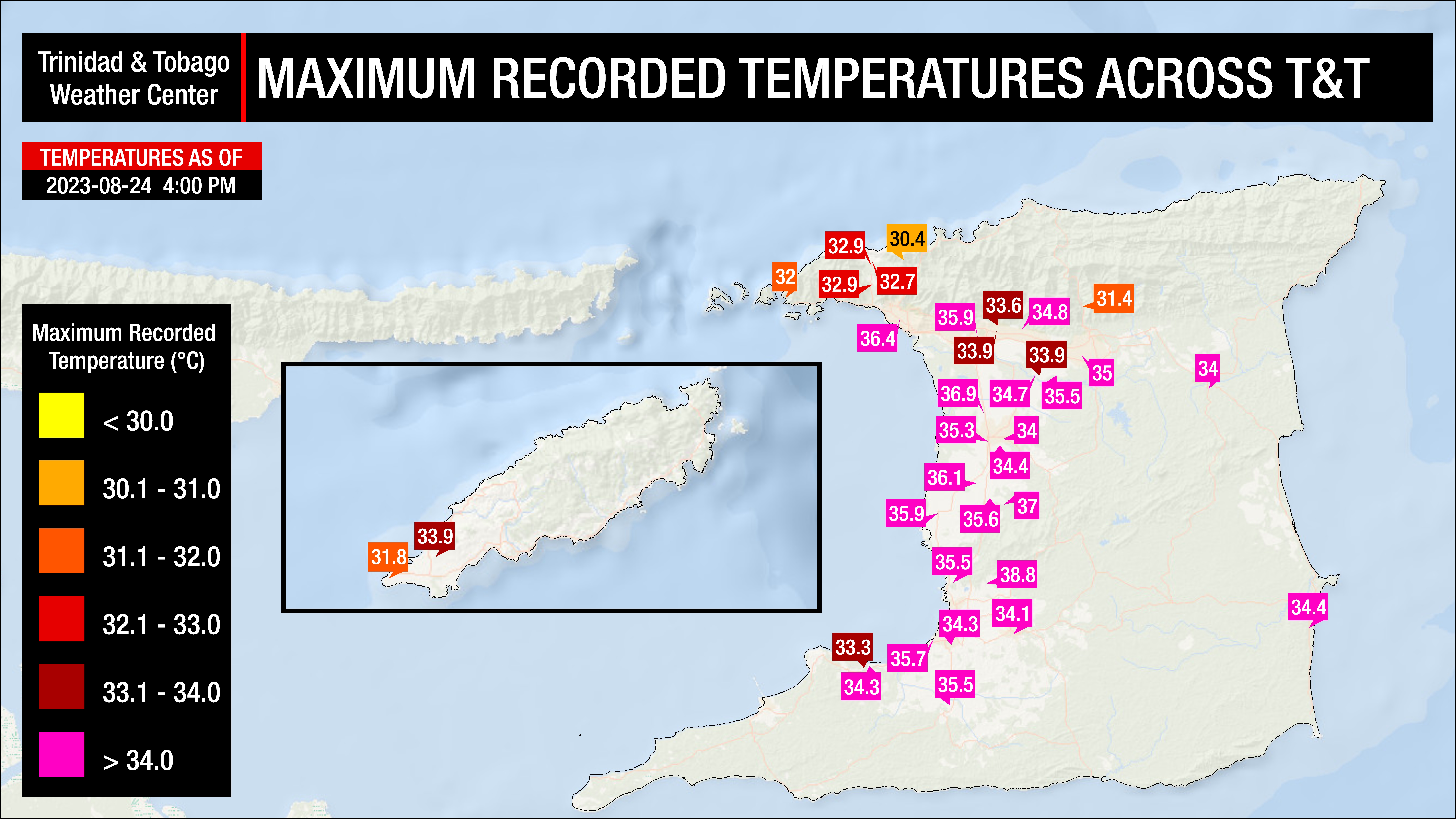 Maximum high temperatures recorded across Trinidad and Tobago as of 4:00 PM Thursday, August 24th, 2023 (Data: Individual and Personal Weather Stations, as well as Automated Weather Stations from the TTMS)