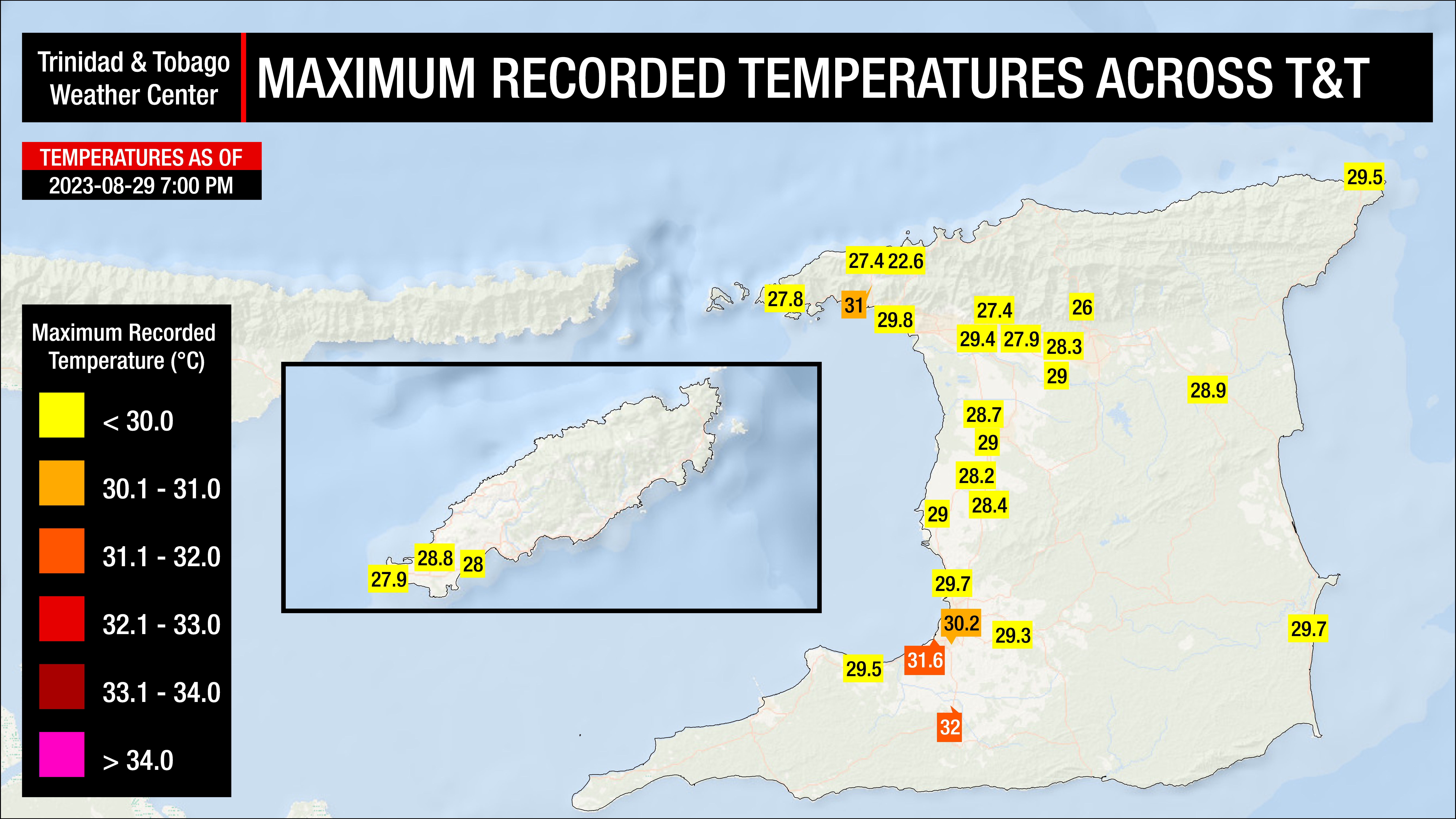 Maximum high temperatures recorded across Trinidad and Tobago on Tuesday, August 29th, 2023 (Data: Individual and Personal Weather Stations, as well as Automated Weather Stations from the TTMS)