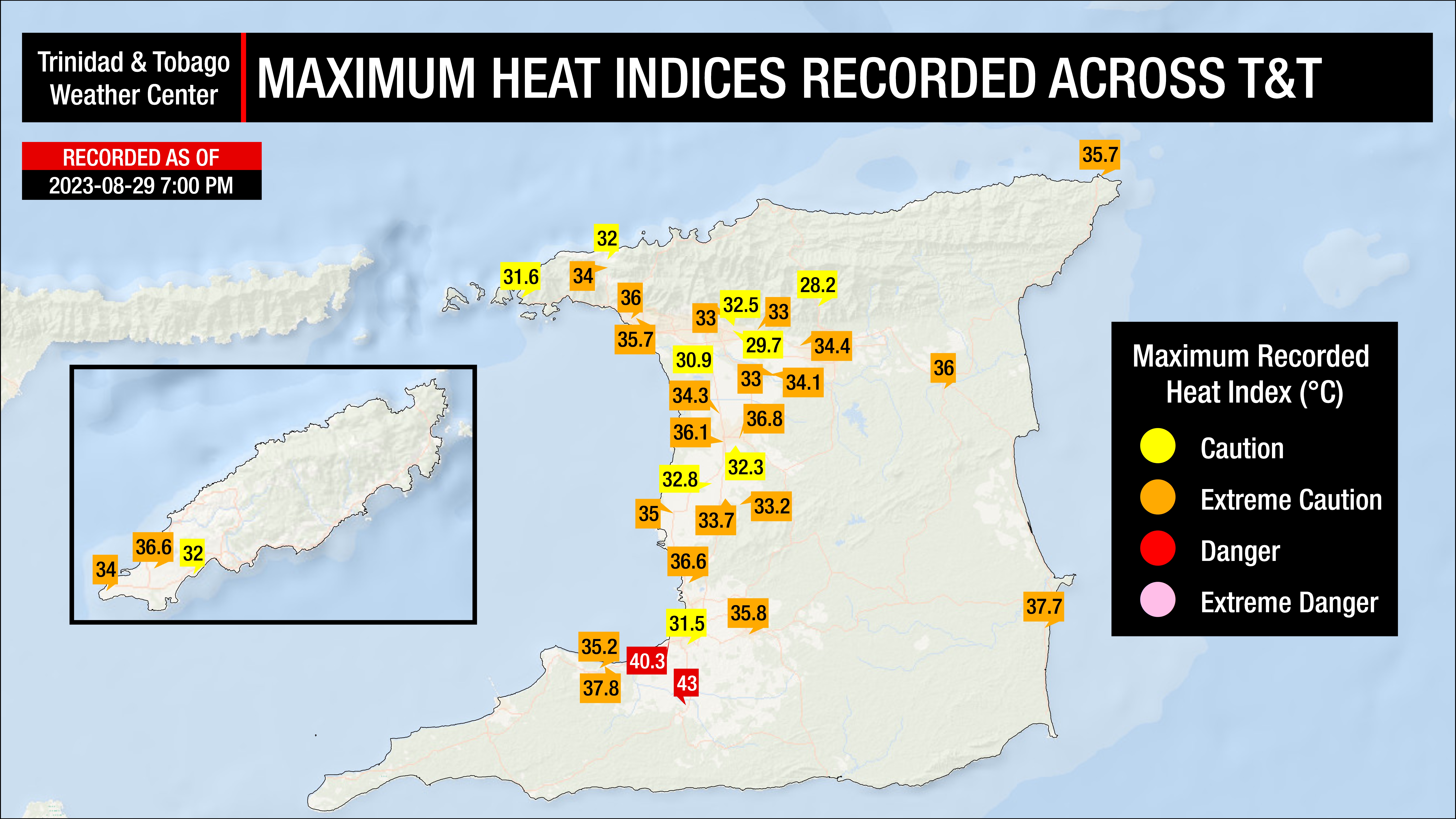 Maximum high heat indices recorded across Trinidad and Tobago on Tuesday, August 29th, 2023 (Data: Individual and Personal Weather Stations, as well as Automated Weather Stations from the TTMS)