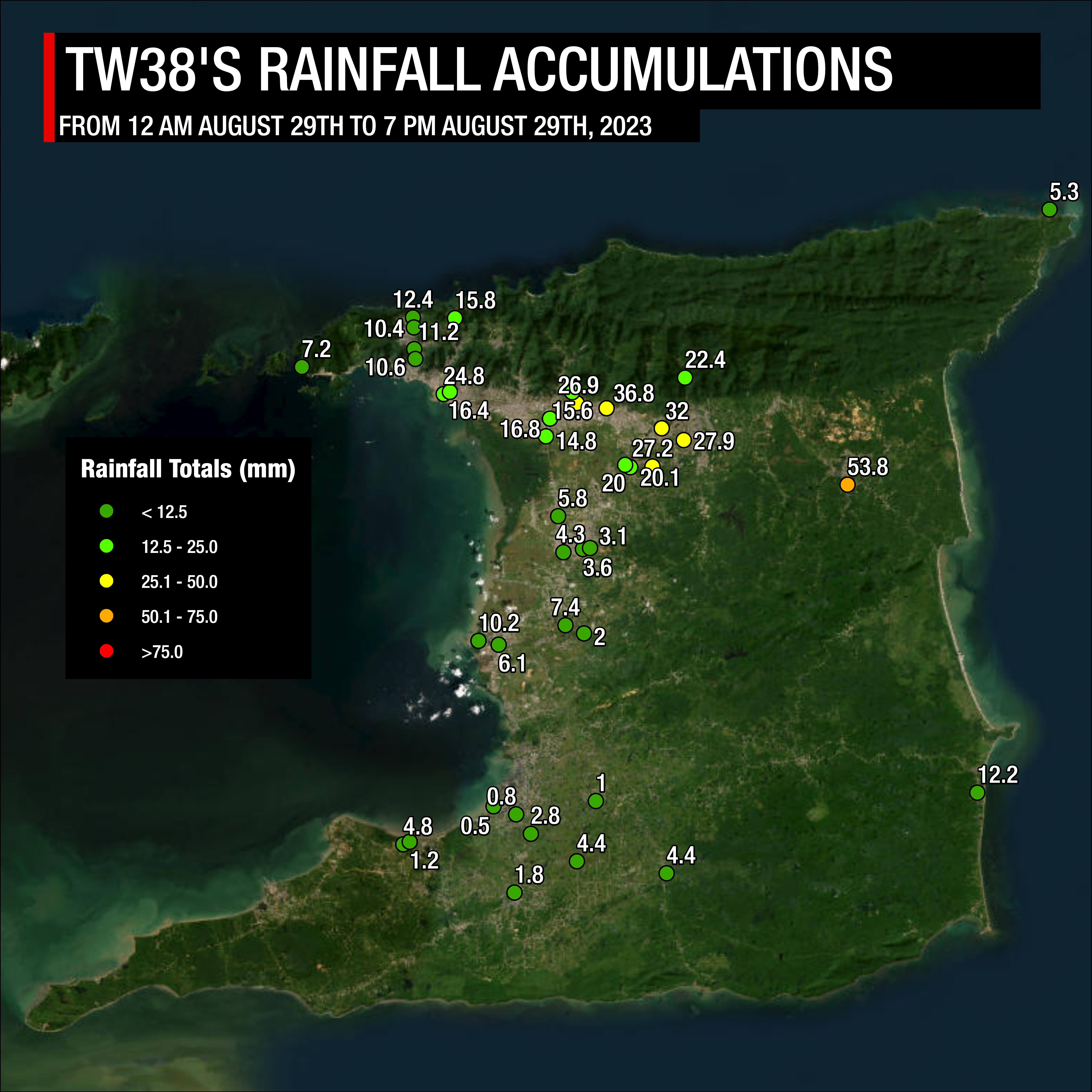 Tropical Wave 38's preliminary rainfall accumulations from midnight Tuesday, August 29th, 2023, through 7:00 PM on the same day. (Data: Personal and Automated Weather Stations across T&T)