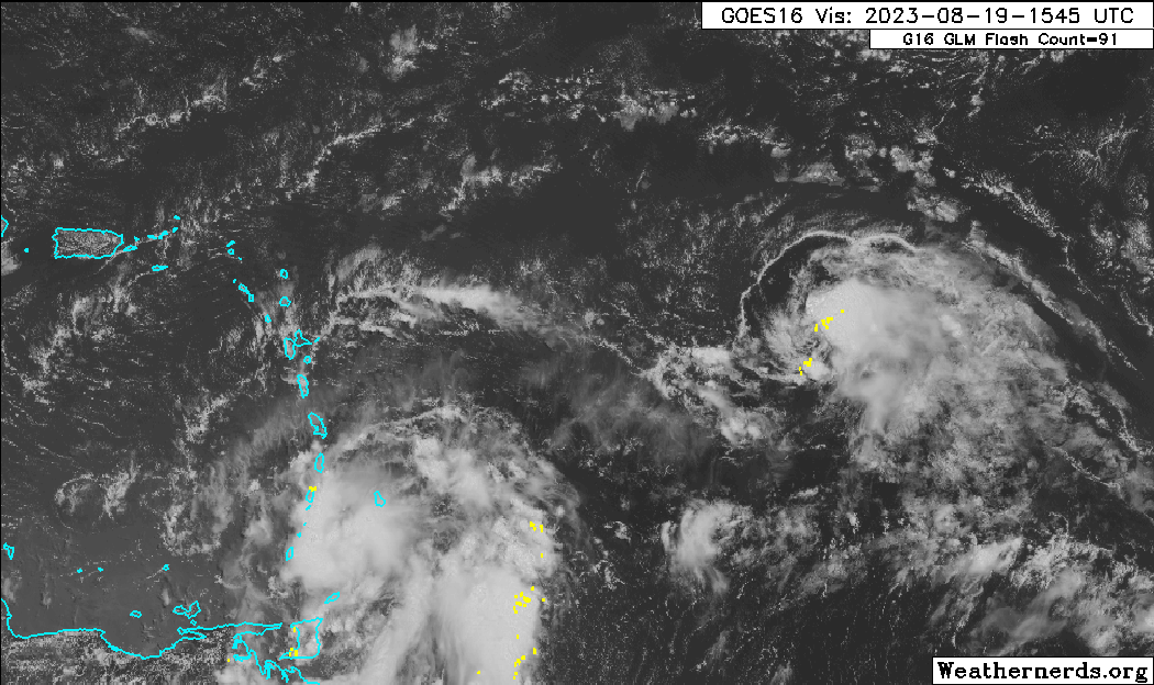 Tropical Depression Six (seen right) with Invest 90L moving across the Windward Islands on Saturday afternoon, August 19th, 2023 (Weathernerds.org)