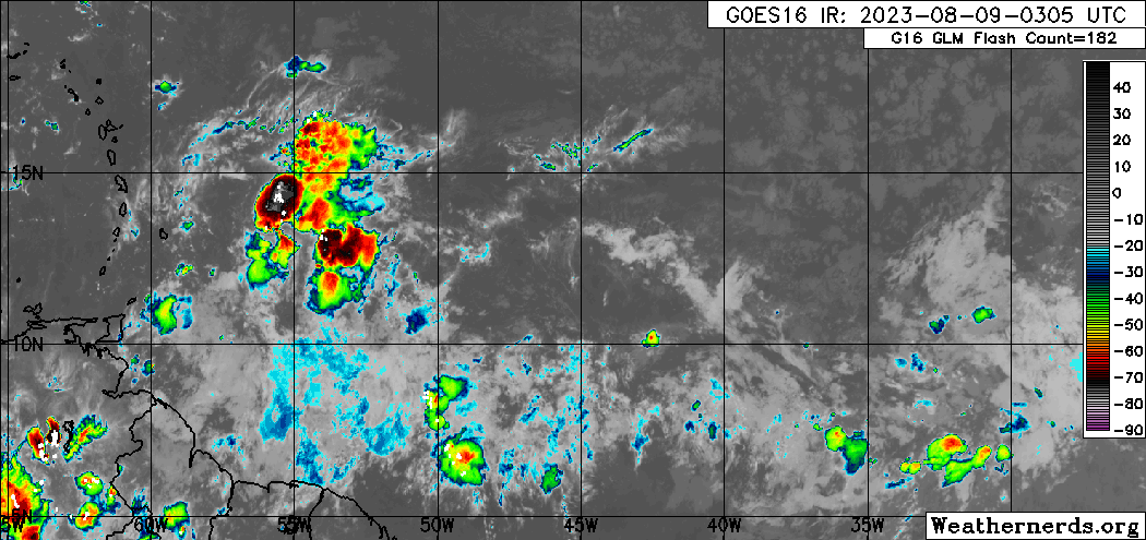 The axis of Tropical Wave 33 is well east of the Lesser Antilles, along 34W, with some weak convection and isolated showers noted near the wave axis. (Weathernerds.org)