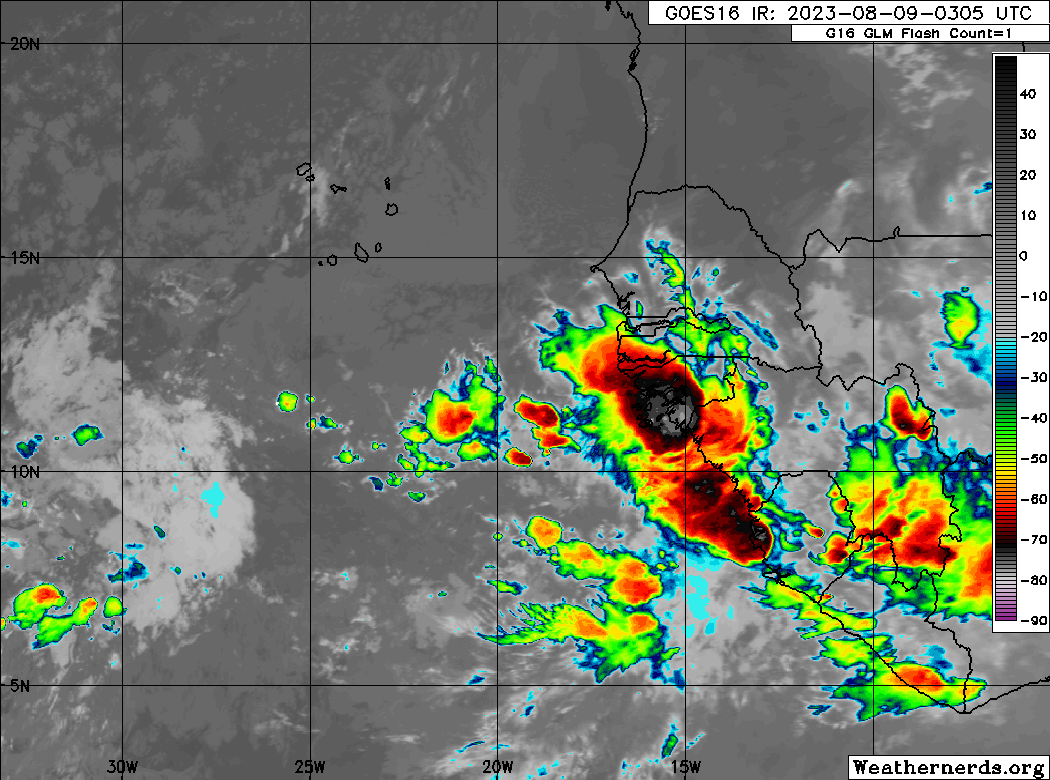 Tropical Wave 34 in the far East Atlantic Ocean, with the axis along 21W. Much of the convection remains near the African Coast (Weathernerds.org)