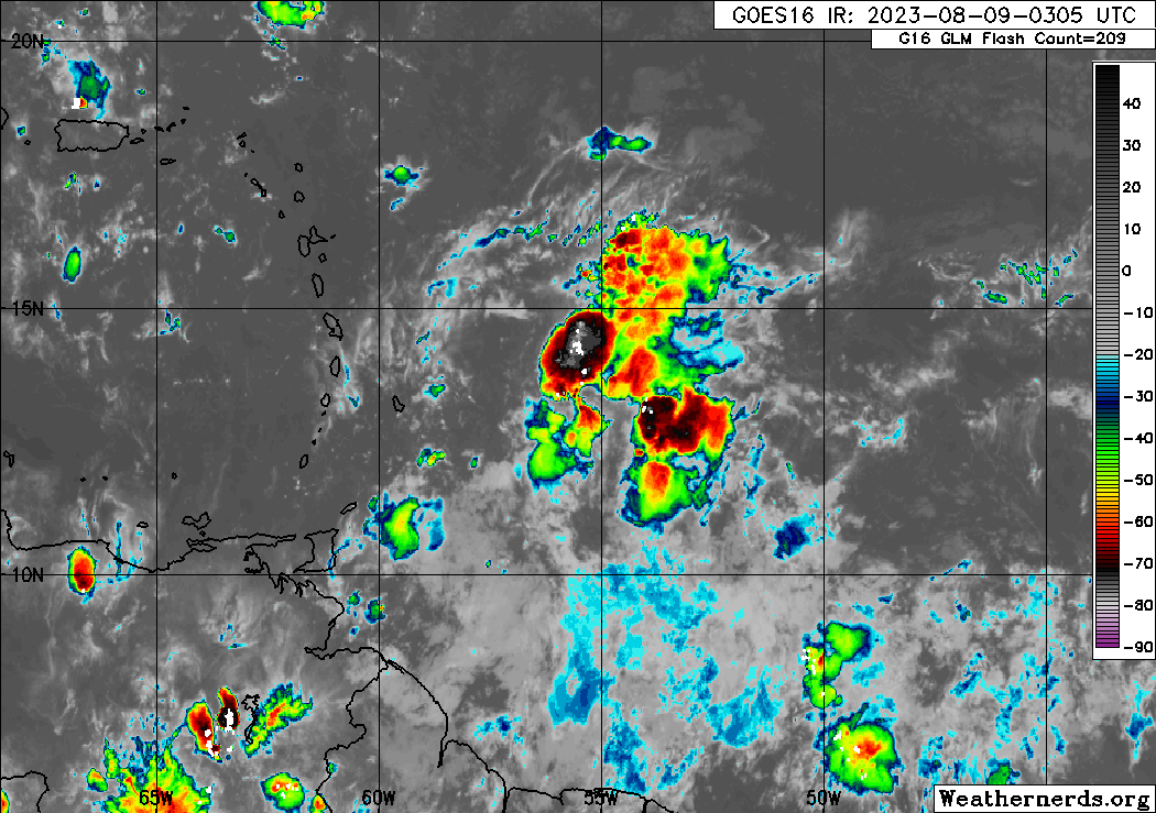 The axis of Tropical Wave 32 between 55 and 57W, south of 19N early Wednesday morning, with a line of isolated strong convection approaching the Eastern Caribbean. (Weathernerds.org)
