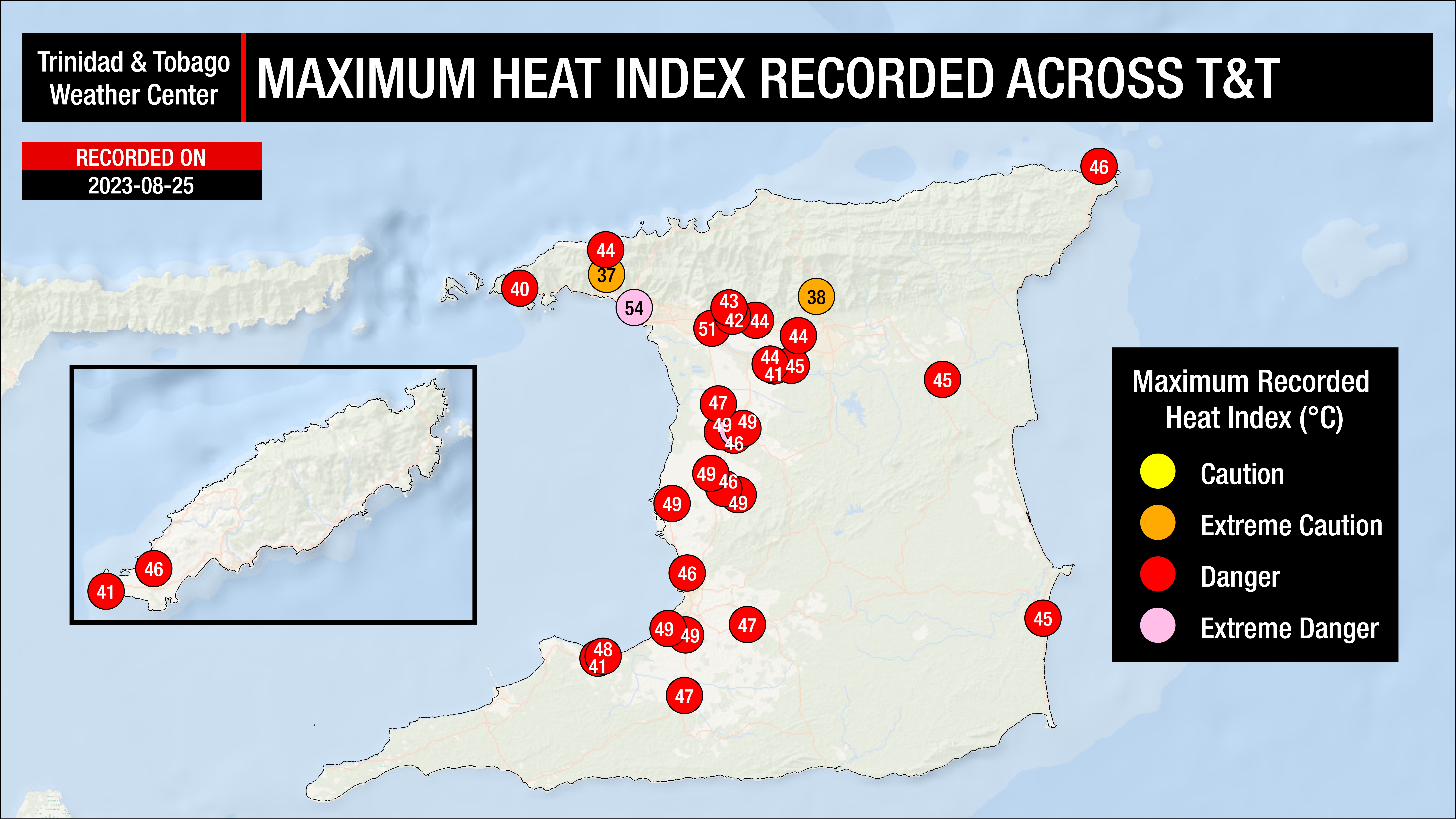 Maximum high heat indices recorded across Trinidad and Tobago on Friday, August 25th, 2023 (Data: Individual and Personal Weather Stations, as well as Automated Weather Stations from the TTMS)
