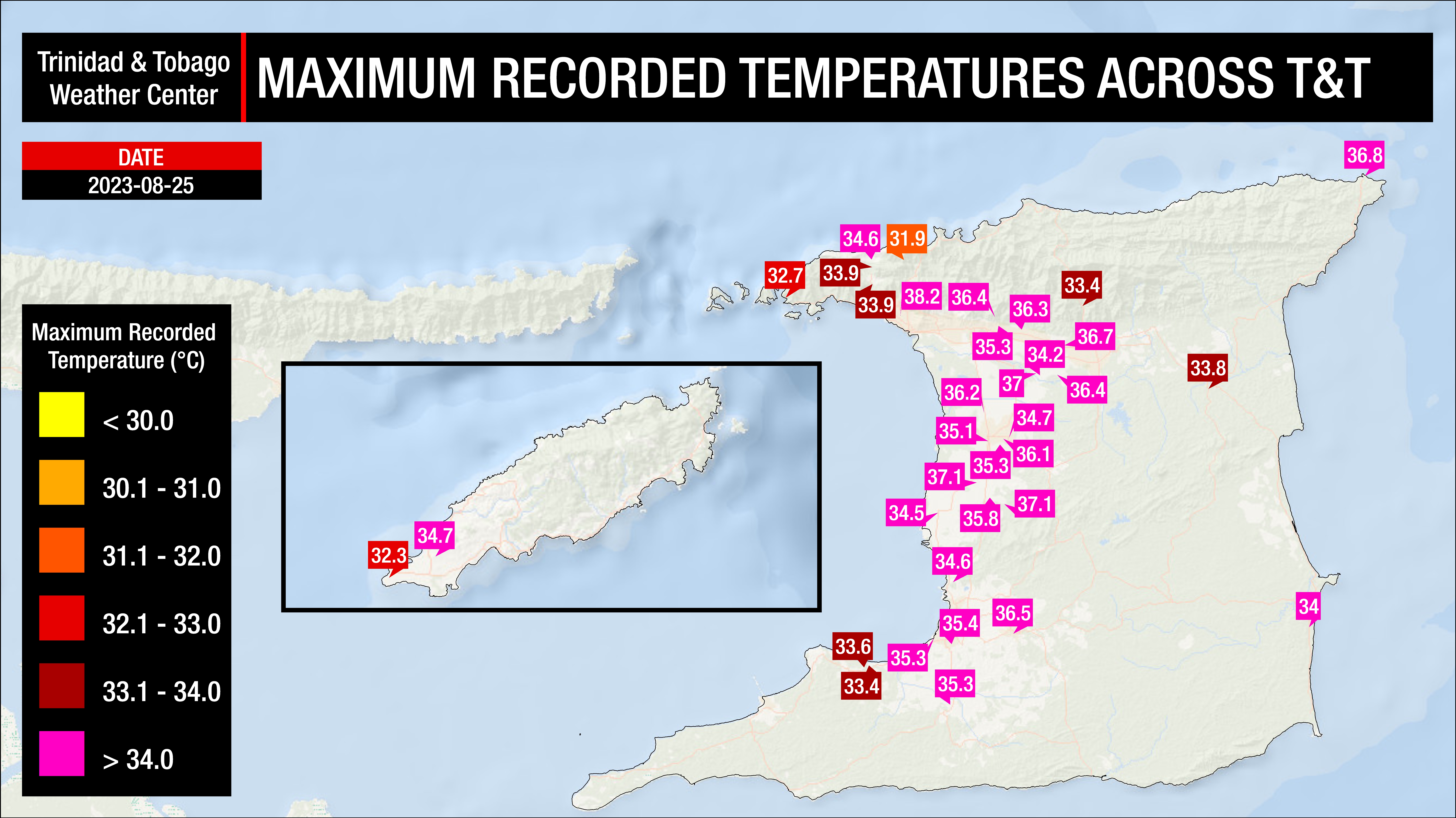 Maximum high temperatures recorded across Trinidad and Tobago on Friday, August 25th, 2023 (Data: Individual and Personal Weather Stations, as well as Automated Weather Stations from the TTMS)