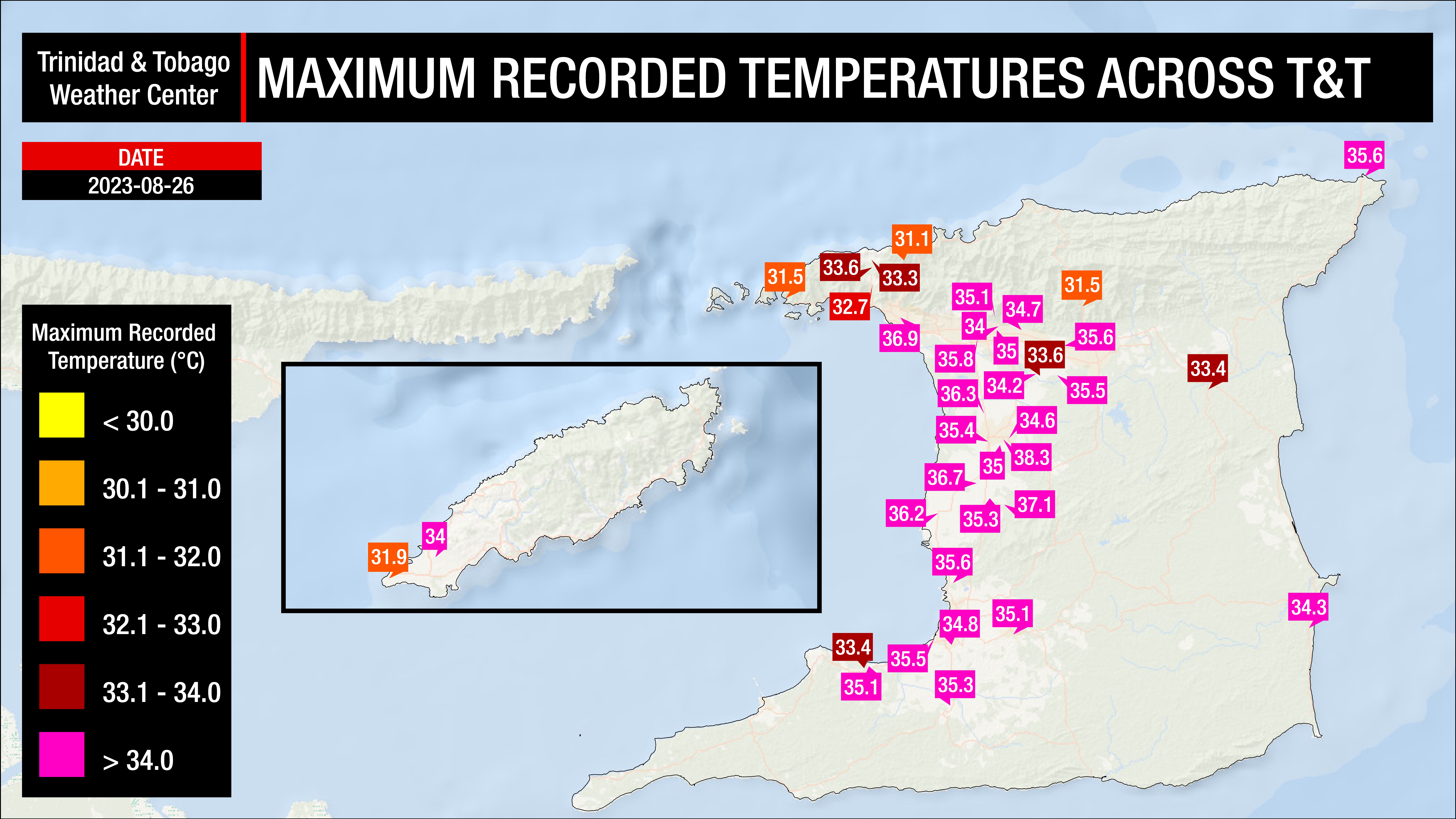 Maximum high heat indices recorded across Trinidad and Tobago on Saturday, August 26th, 2023 (Data: Individual and Personal Weather Stations, as well as Automated Weather Stations from the TTMS)