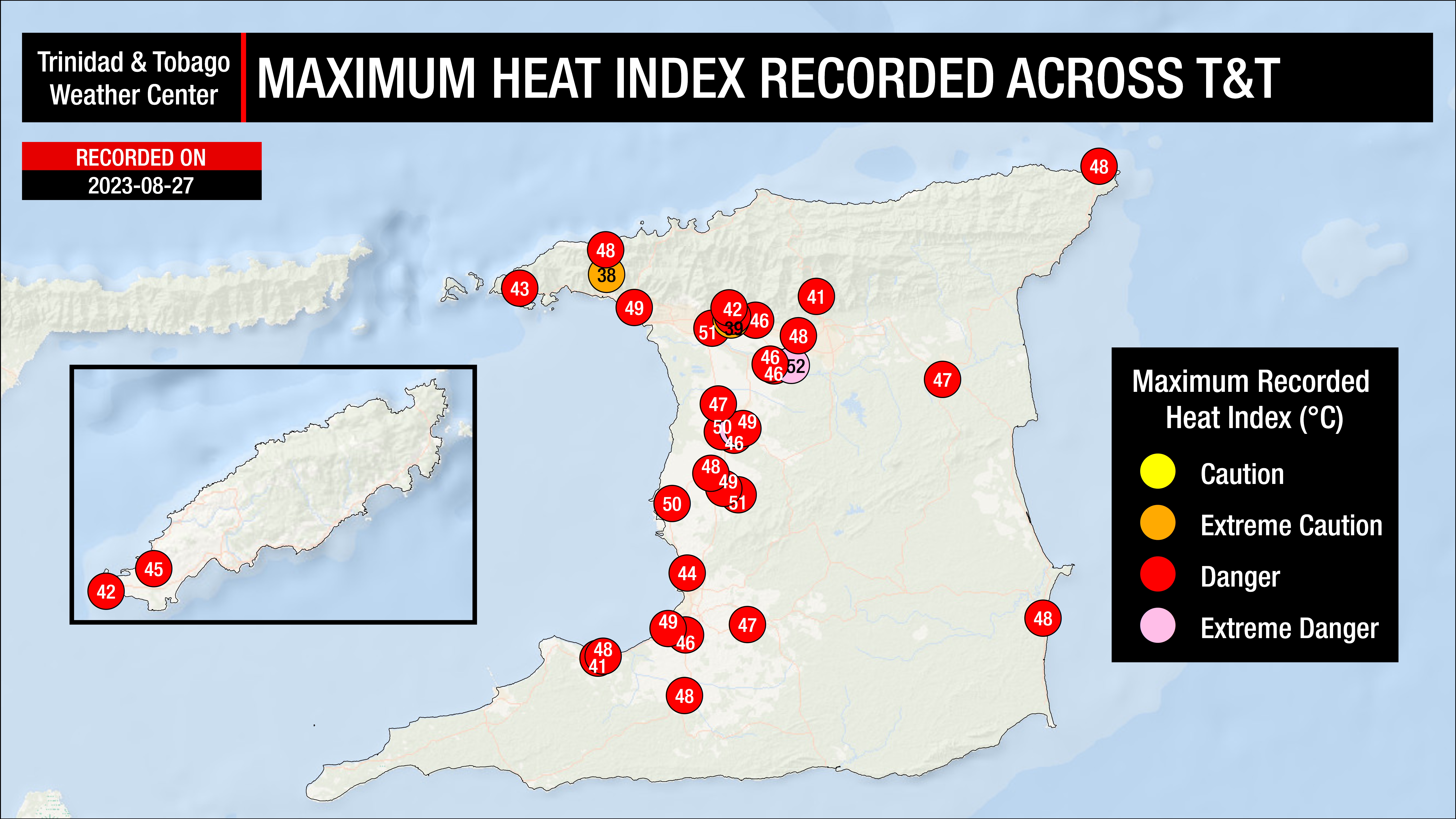 Maximum high heat indices recorded across Trinidad and Tobago on Sunday, August 27th, 2023 (Data: Individual and Personal Weather Stations, as well as Automated Weather Stations from the TTMS)