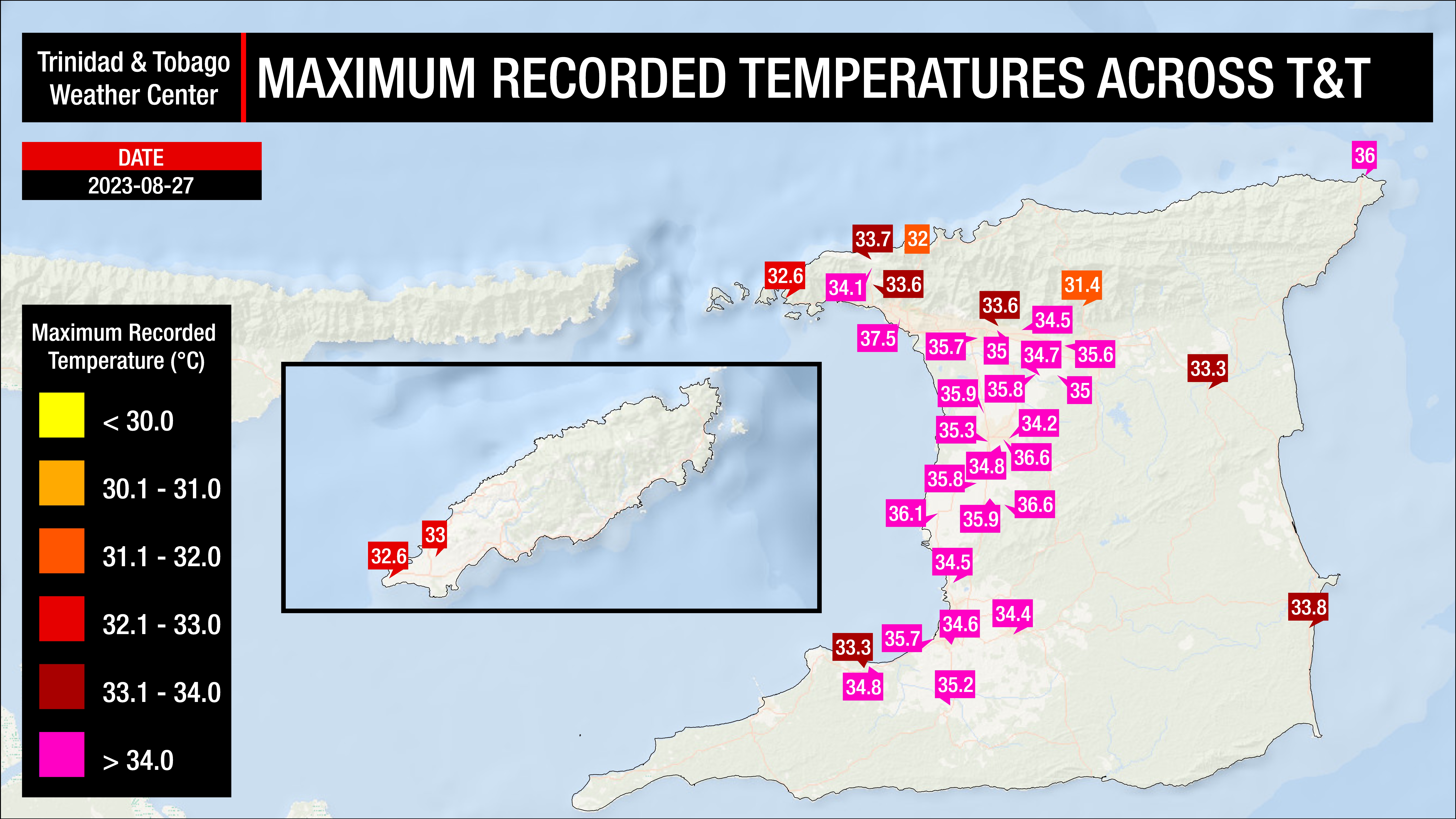 Maximum high temperatures recorded across Trinidad and Tobago on Sunday, August 27th, 2023 (Data: Individual and Personal Weather Stations, as well as Automated Weather Stations from the TTMS)