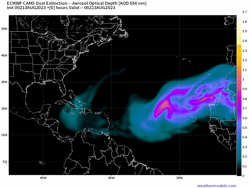 00Z Sunday, August 13th, 2023, CAMS Copernicus Atmospheric Monitoring Tropical Atlantic Dust Aerosol Optical Depth showing Saharan Dust.