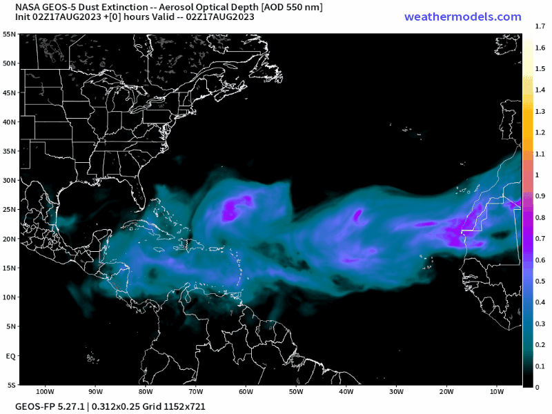 00Z Thursday, August 17th, 2023, CAMS Copernicus Atmospheric Monitoring Tropical Atlantic Dust Aerosol Optical Depth showing Saharan Dust.