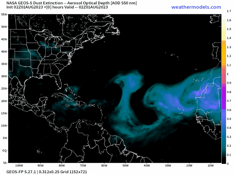00Z Tuesday, August 1st, 2023, NASA GEOS-5 Dust Extinction Model Monitoring Tropical Atlantic Aerosol Optical Depth showing Saharan Dust.