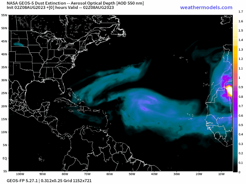00Z Tuesday, August 8th, 2023, NASA GEOS-5 Dust Extinction Model Monitoring Tropical Atlantic Aerosol Optical Depth showing Saharan Dust.