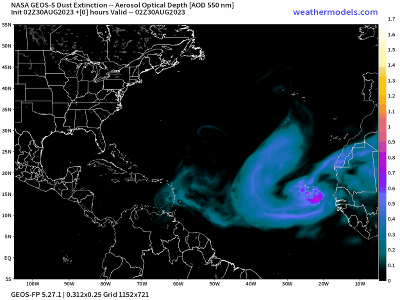 00Z Wednesday, August 30th, 2023, CAMS Copernicus Atmospheric Monitoring Tropical Atlantic Dust Aerosol Optical Depth showing Saharan Dust.
