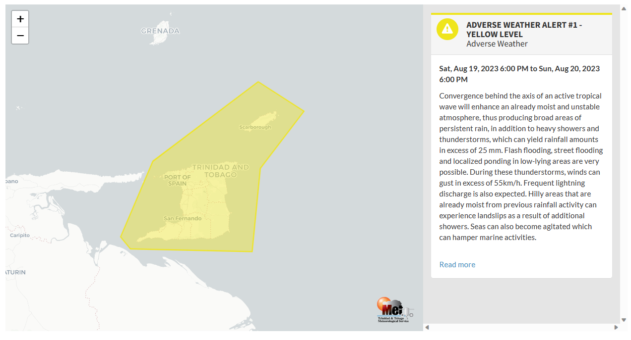 Adverse Weather Alert information from the Trinidad and Tobago Meteorological Service