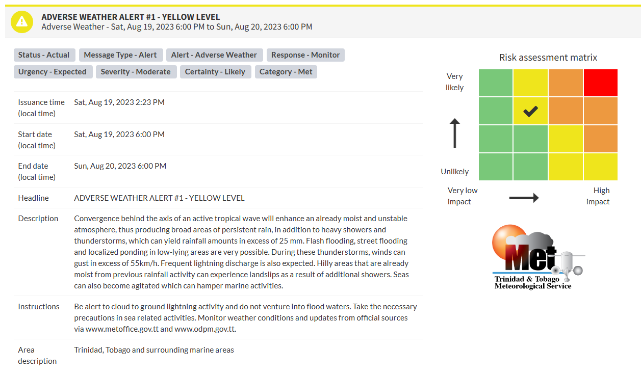 Adverse Weather Alert information from the Trinidad and Tobago Meteorological Service