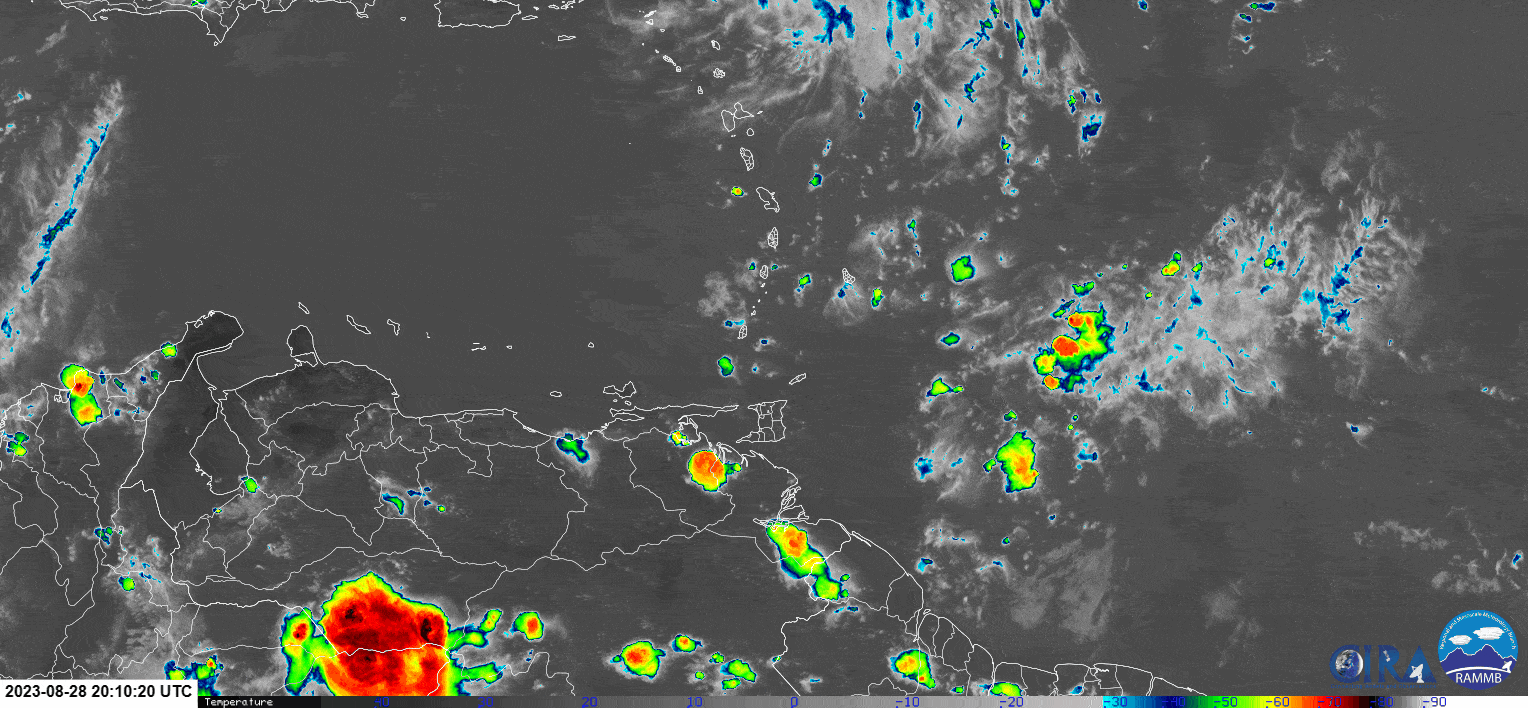 Tropical Wave 38's passage across the Windward Islands through 5:10 PM Tuesday, August 29th, 2023 (RAMMB/CIRA)