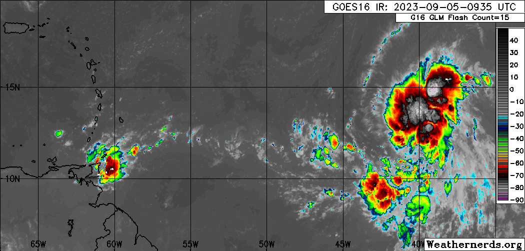 Tropical Depression Thirteen east of the Lesser Antilles on Tuesday, September 5th, 2023 (Weathernerds.org)