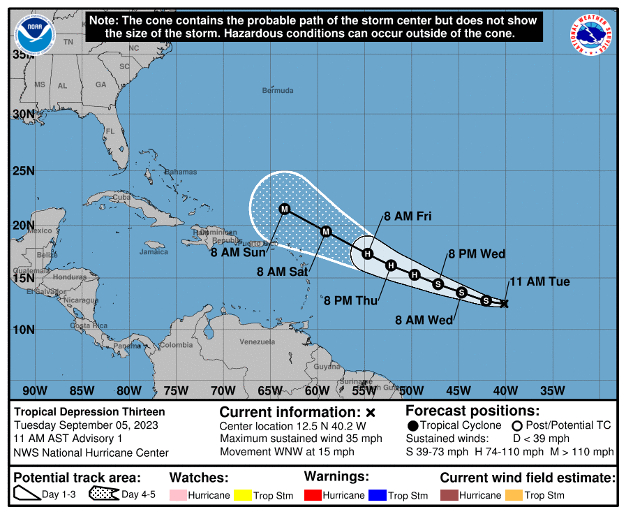 Forecast cone for the center of Tropical Depression Thirteen, soon to be Tropical Storm Lee, as of 11:00 AM Tuesday, September 15th, 2023. (National Hurricane Center)