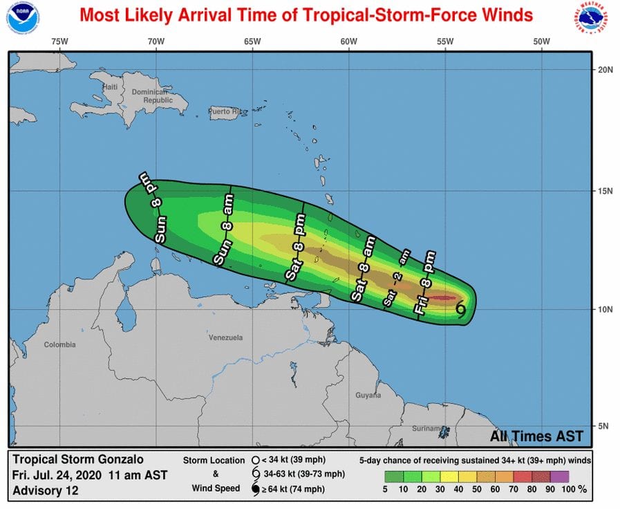 Most Likely Arrival Time: the graphic that identifies the time before or after which the onset of tropical storm-force winds is equally likely. This graphic would be more appropriate for users who are willing to risk not having completed all their preparations before the storm arrives. (NHC)